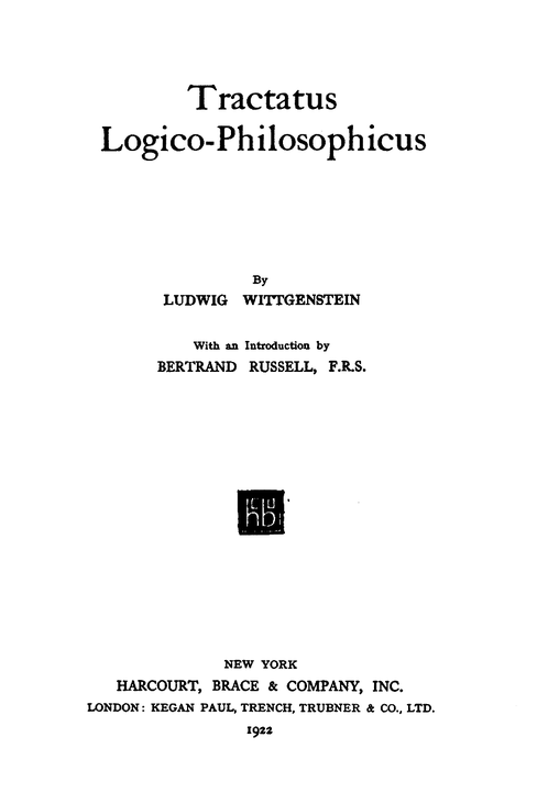 By Title etc. uncopyrightable; layout by Harcourt Brace. - Wittgenstein, Tractatus Logico-Philosophicus, New York: Harcourt, Brace, 1922. (via Google books), Public Domain, https://commons.wikimedia.org/w/index.php?curid=11830531
